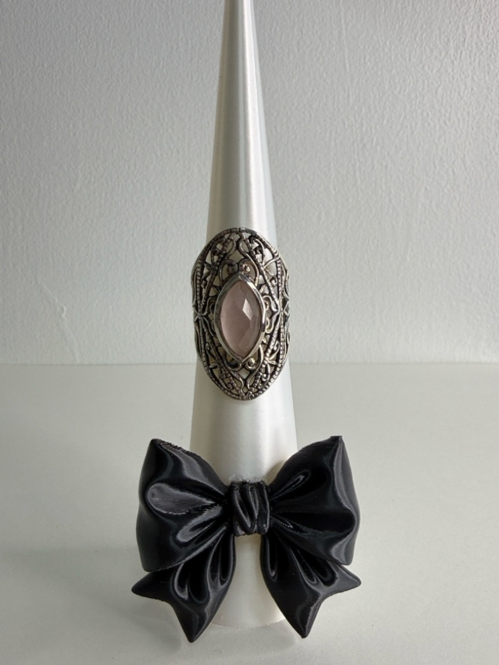 Sterling Silver Filigree Pink Stone Statement Ring Size 7.5